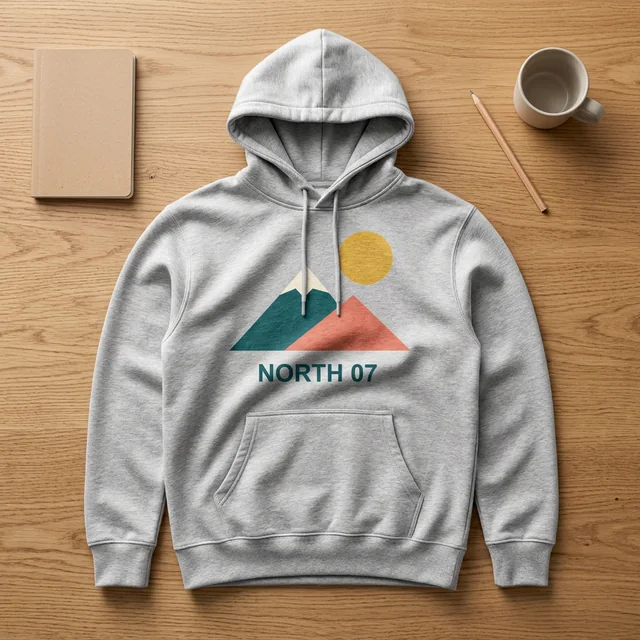 Gray hoodie mockup with NORTH 07 artwork in the studio desk scene