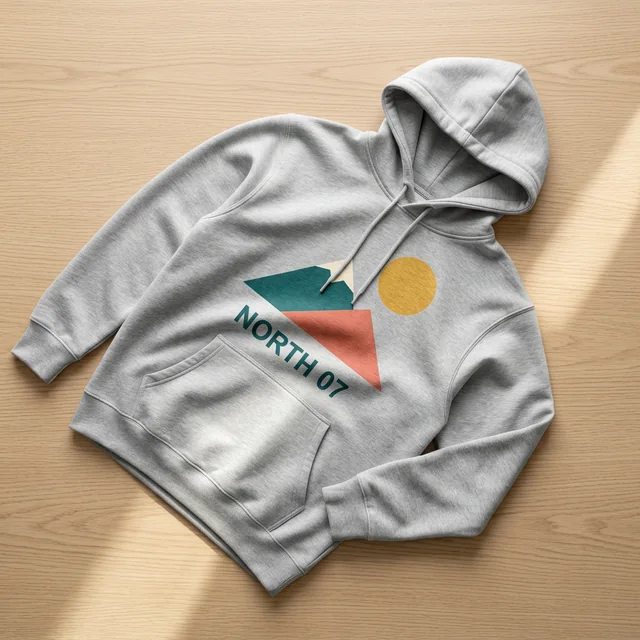 Gray hoodie mockup with NORTH 07 artwork in the diagonal flat lay scene
