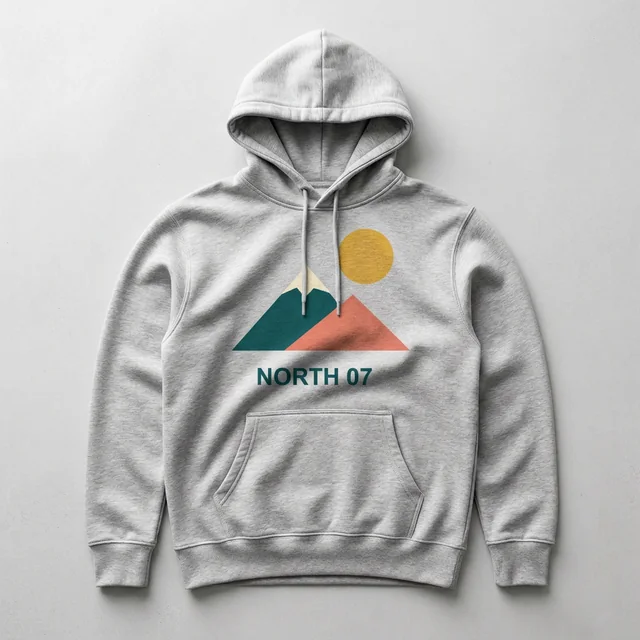 Gray hoodie mockup with NORTH 07 artwork in the studio flat lay scene