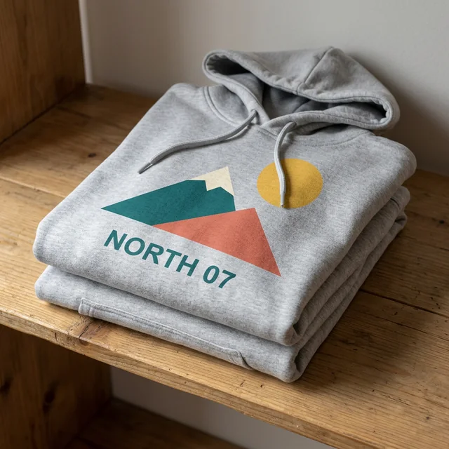 Gray hoodie mockup with NORTH 07 artwork in the folded shelf scene