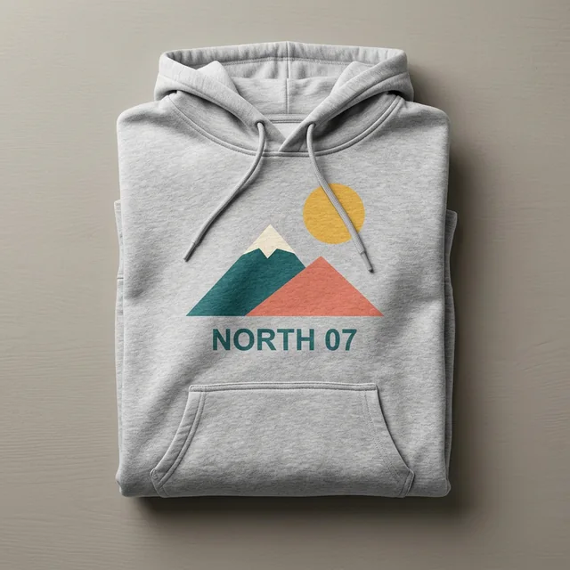 Gray hoodie mockup with NORTH 07 artwork in the folded front scene