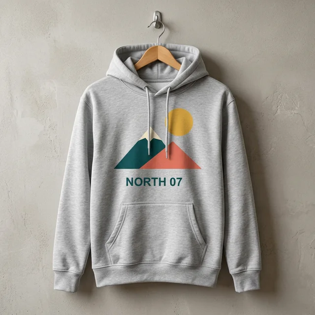 Gray hoodie mockup with NORTH 07 artwork in the front hanger scene