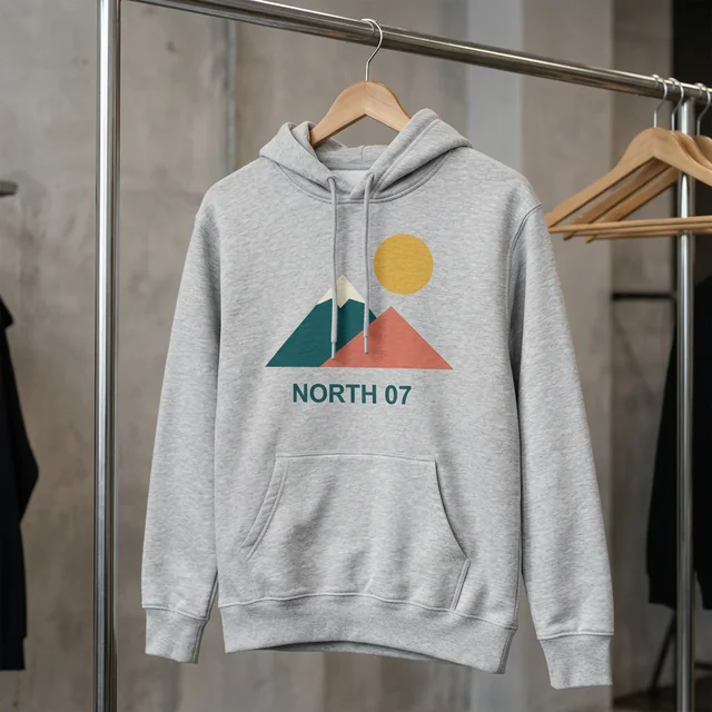 Gray hoodie mockup with NORTH 07 artwork in the clothing rail scene