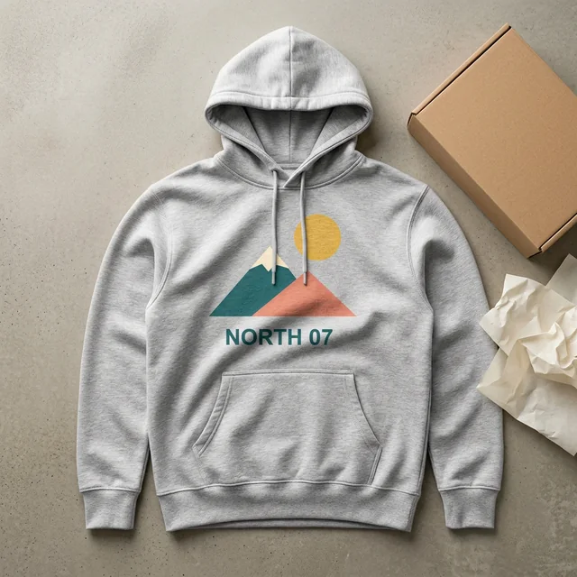 Gray hoodie mockup with NORTH 07 artwork in the packing table scene