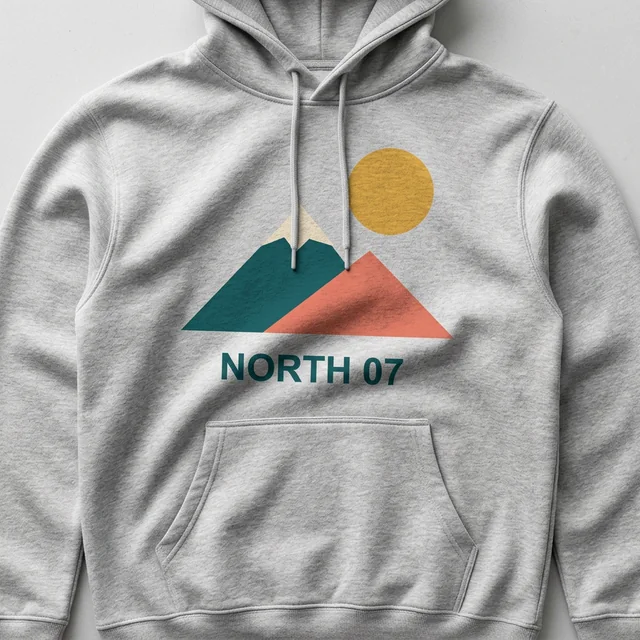 Gray hoodie mockup with NORTH 07 artwork in the full print close-up scene