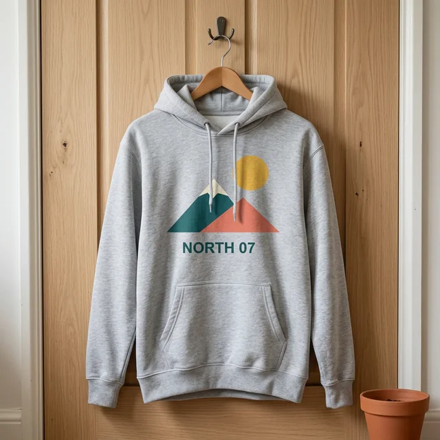 Gray hoodie mockup with NORTH 07 artwork in the door hook at home scene