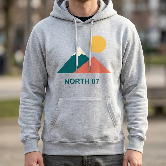 Gray hoodie mockup with NORTH 07 artwork in the no-face fit view scene