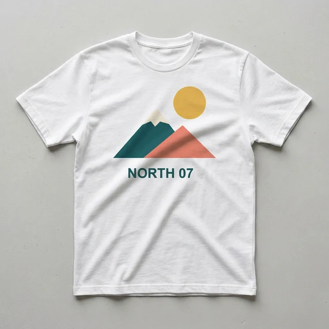 White T-shirt mockup with NORTH 07 artwork in the studio flat lay scene
